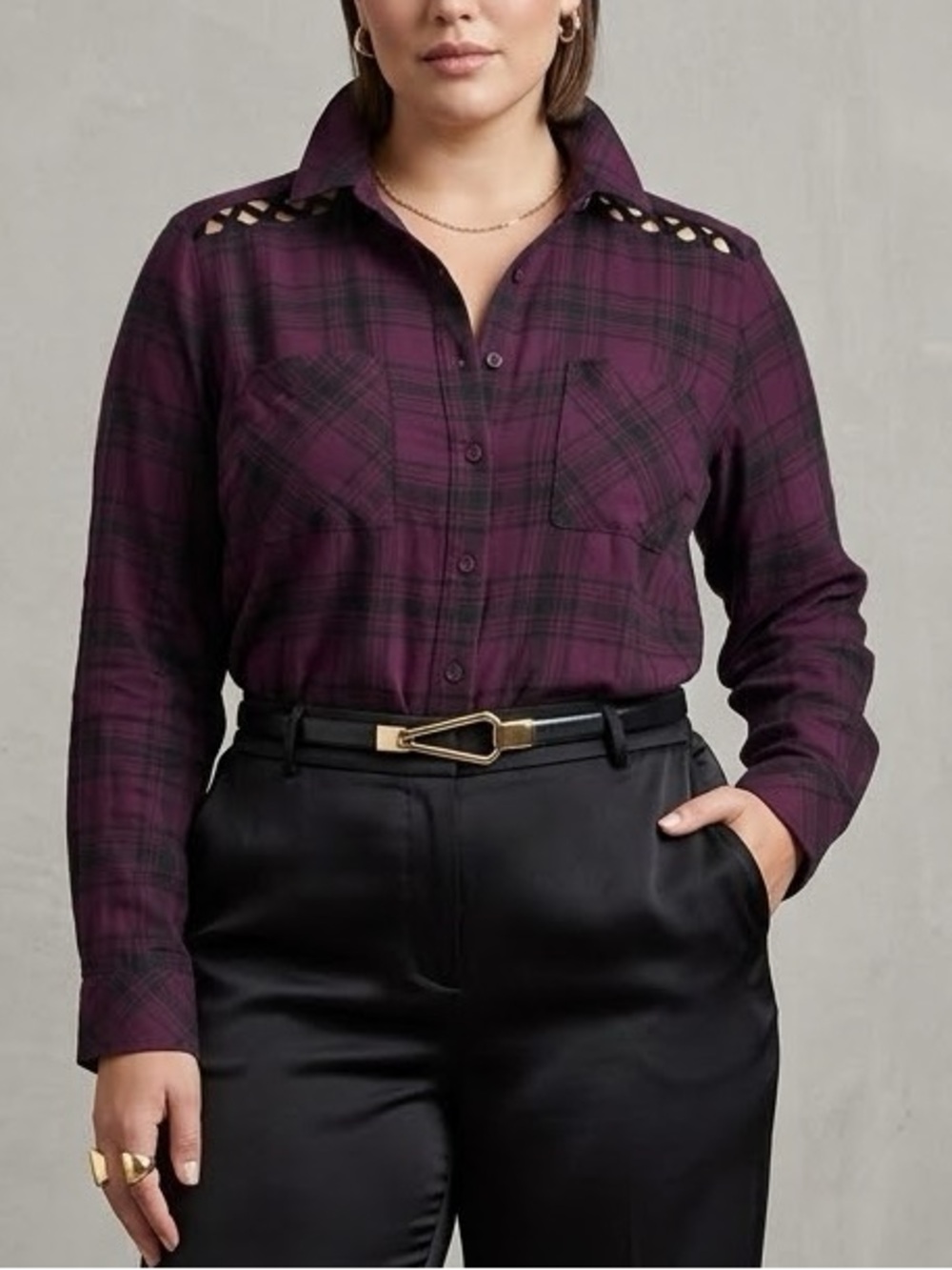 Torrid Purple Black Plaid Lattice Shoulder Button Down Shirt Plus Size 1 1X